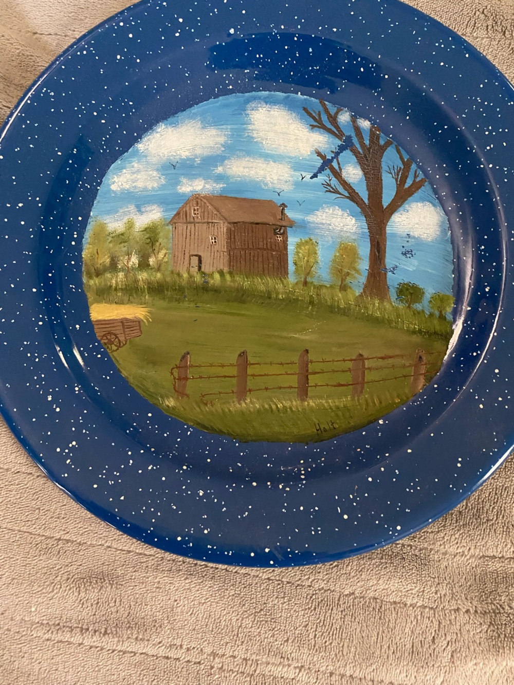 Hand-Painted Blue Enamel Farm Scene Decorative Plate
